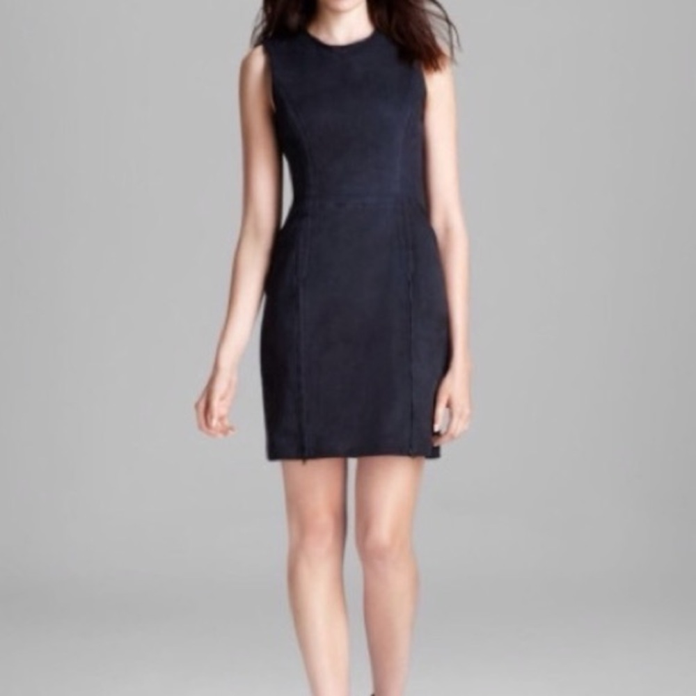 THEORY Lambskin Suede Leather Top-Half Navy Blue Shift Mini Dress